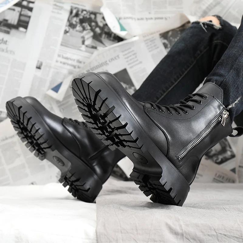 Autumn Winter Shoes Men Leather Snow Boots Thick Sole Non-slip Warm Plush Cold Winter Military Male Ankle Botas Black