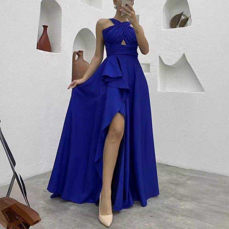 Irregular Long Dress European and American Sexy Sleeveless Pure Color Asymmetrical Maxi Dress Formal Dress for Women