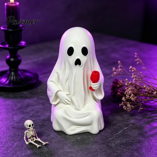 Personalized Holiday Ornaments 3D Printed Ghost Figurine with Wine Glass, Funny Halloween Desktop Dark Style Decorations Decor Statue, Novelty