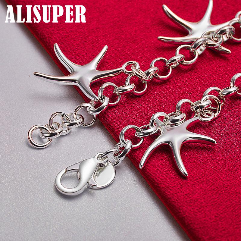 925 Sterling Silver Five Starfish Pendant Bracelet Jewelry