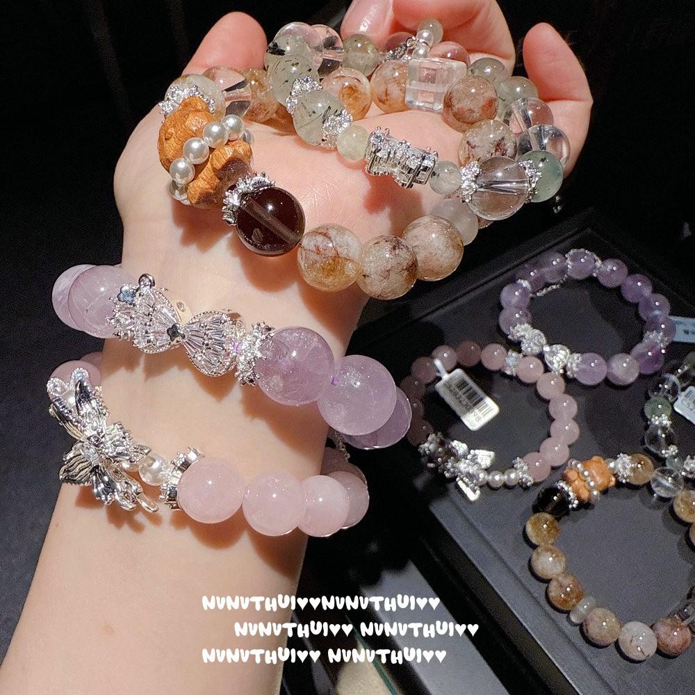 Flower Silk Color, Amethyst Small Waist Gemstone Bracelet, Zixia Fairy, Red Glue Flower White Crystal Bracelet, Set.
