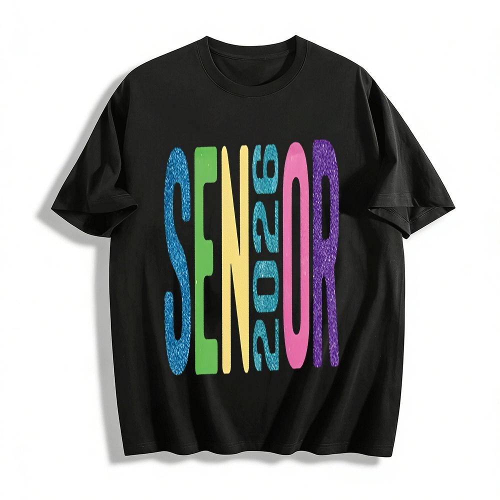 Senior 2026 Graduation Printed Colorful Glitter Letter Casual Tee Pure cotton T-shirt XXS