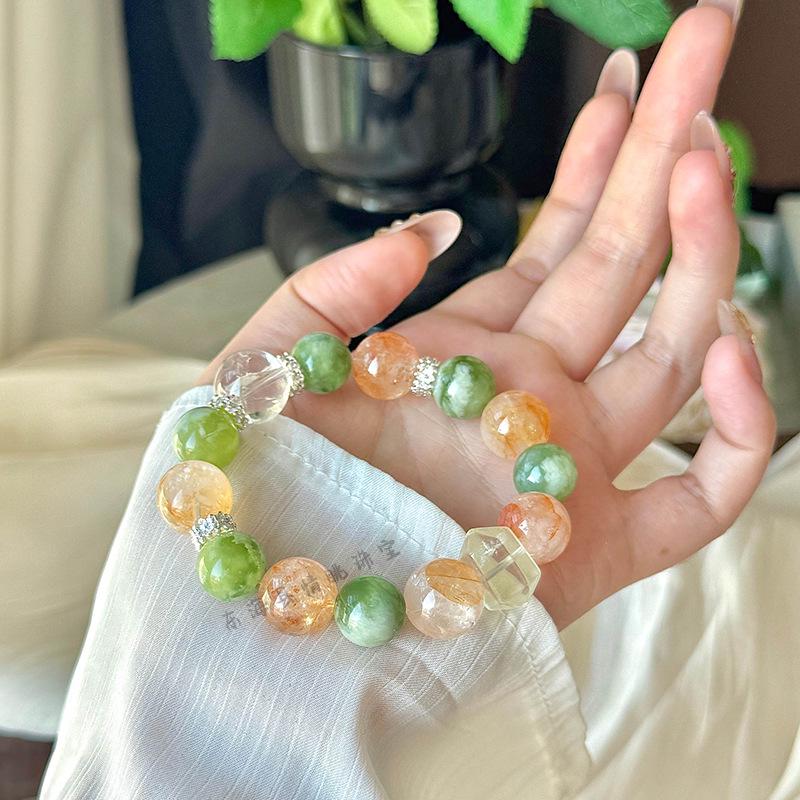 Natural Yellow Phantom Quartz & Xiuyu Jade Beaded Bracelet with Citrine & White Crystal - Light Luxury Design