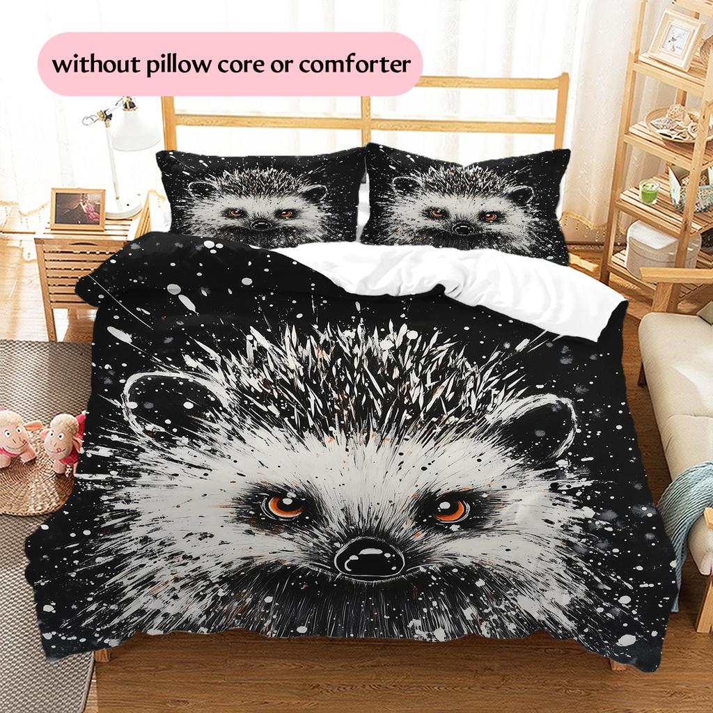 Black Hedgehog Pattern Bedding Home Decoration Birthday Gift (1 * Duvet Cover + 2 * Pillowcase, Without Core)