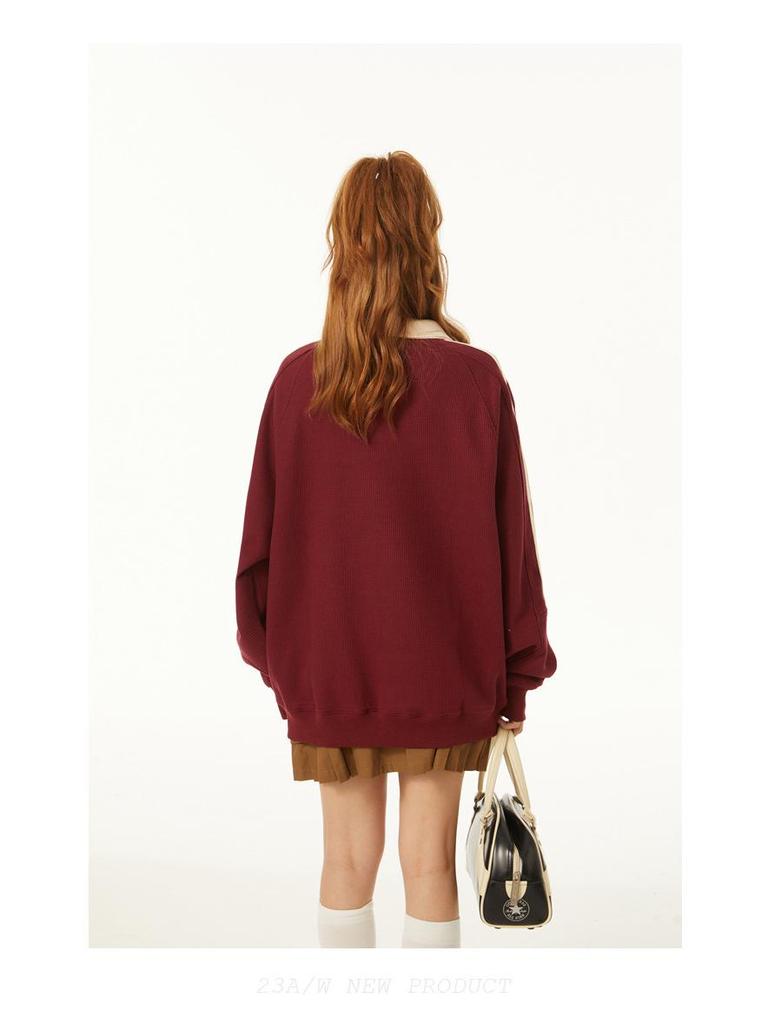 2025 Plus Size Retro College Style Polo Collar Sweatshirt for Women - Spring & Autumn Trendy