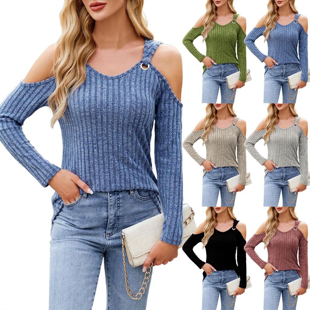 Women's Fashion Solid Color V-neck Off Shoulder Long Sleeve Casual Pullover T-shirt Top