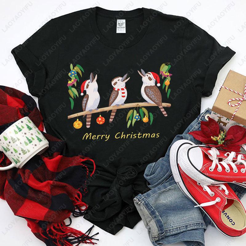 Womens Australian Kookaburra Bird Print TShirt Merry Christmas Australian Theme Tops Casual Blouse for Christmas Party Outfits