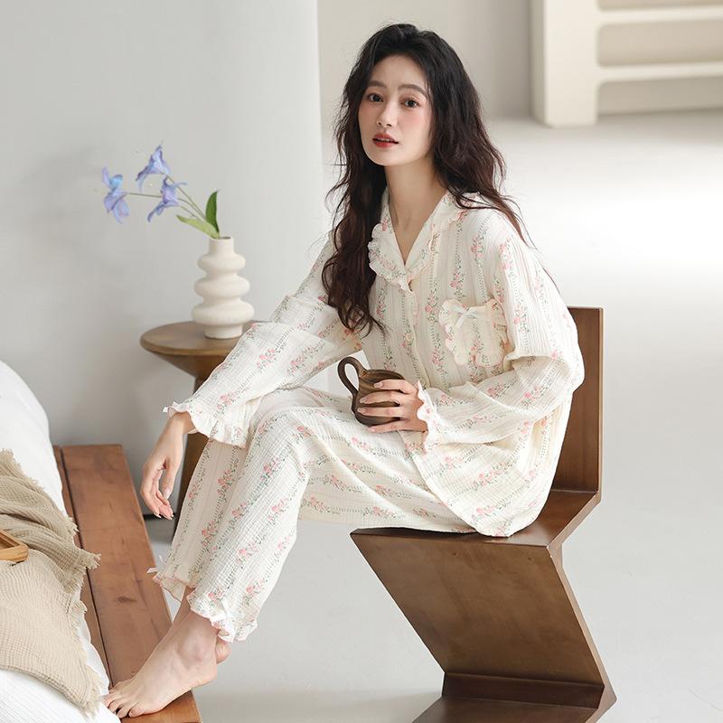 Woven Pure Cotton Pajamas Women's Spring and Autumn New Long-sleeved Loose Double-layer Gauze Sweet and Cute Loungewear Set