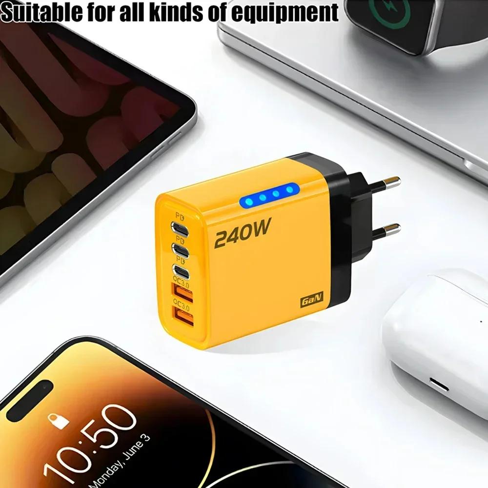 GaN Fast Charger 240W 5 Ports PD Quick Charge 3.0 2USB 3Type C For iPhone 15 16 17 Samsung Xiaomi Huawei Tablet EU US UK Plug