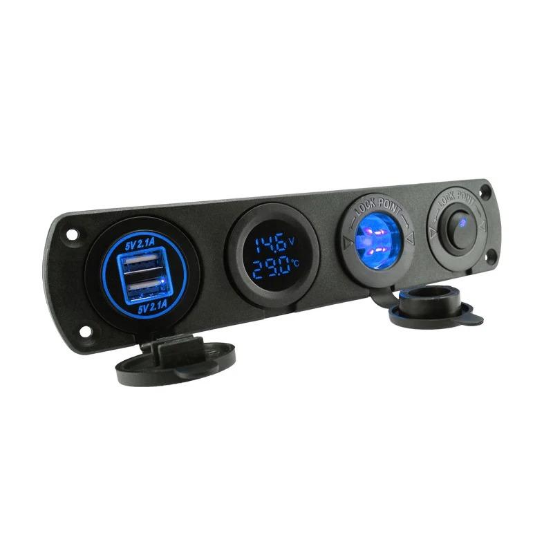 4 In 1 Panel 12v 4.2A Dual Usb Car Charger Socket Splitter Adapter Waterproof Thermometer Voltmeter Toggle Switch For Car Yacht