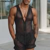 Men Sleeveless Zipper See Through Transparent Hooded Underwear Jumpsuits Bodysuits