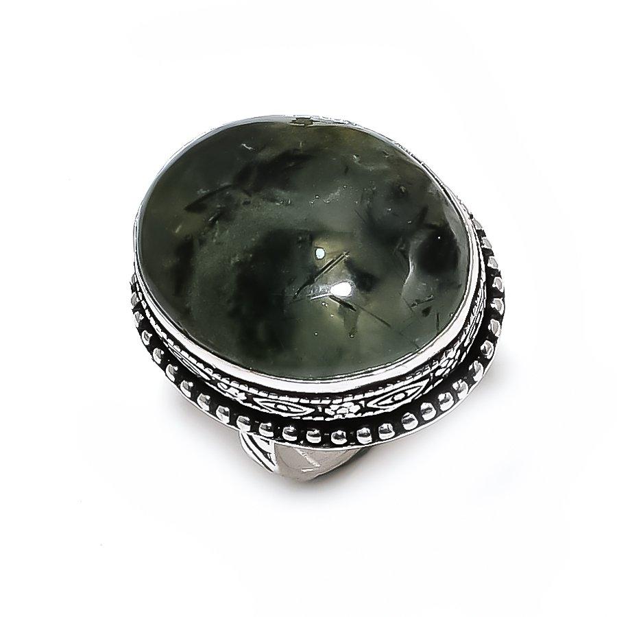 Natural Prehnite Gemstone Handmade 925 Steling Silver Jewelry Ring Size 9 Q3k24