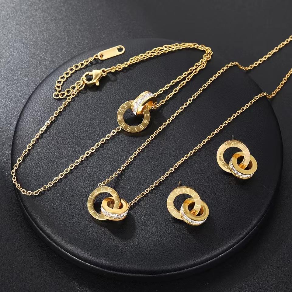 

4 PCS Fashion Roman Digital Double Ring Pendant Necklace Bracelet Tiny Earrings Jewelry Set For Women Korean Style Daily Wear