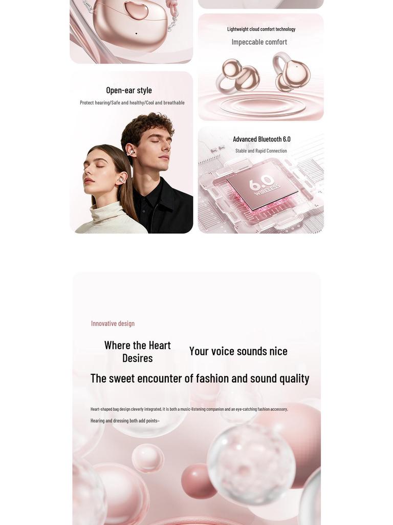 OWS Heart-Shaped Bone Conduction Wireless Earphones with Clip-On Lanyard & Ultra-Long Battery Life