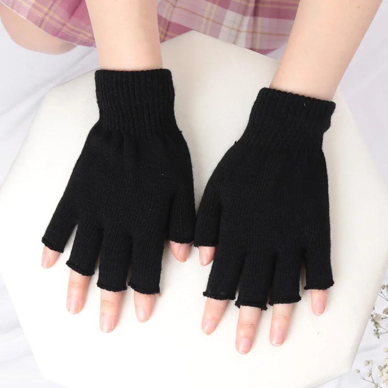 1Pair Unisex Black Half Finger Fingerless Gloves For Women And Men Wool Knit Wrist Cotton Winter Warm Work Mittens