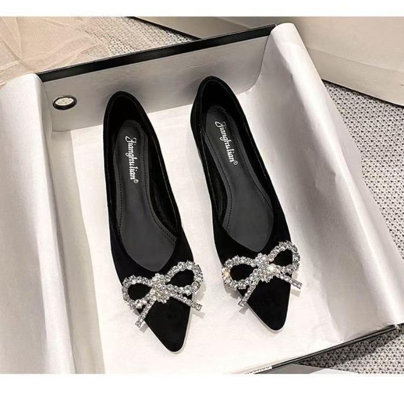 Autumn new daily sweet bow rhinestone single shoes pointed bow stiletto flat heels