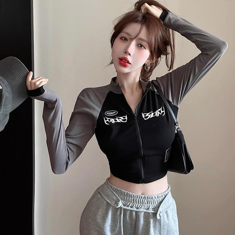 Spice Girl T-shirt Women's Trendy Short Contrasting Color Zipper Tight and Thin Long-sleeved Bottoming Shirt Top