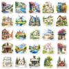 50 Stück Künstlerische Kleinstadt-Landschaftsaufkleber - INS-Stil Haus- & Gebäude-Designs, Wasserdichte DIY-Journalkarten