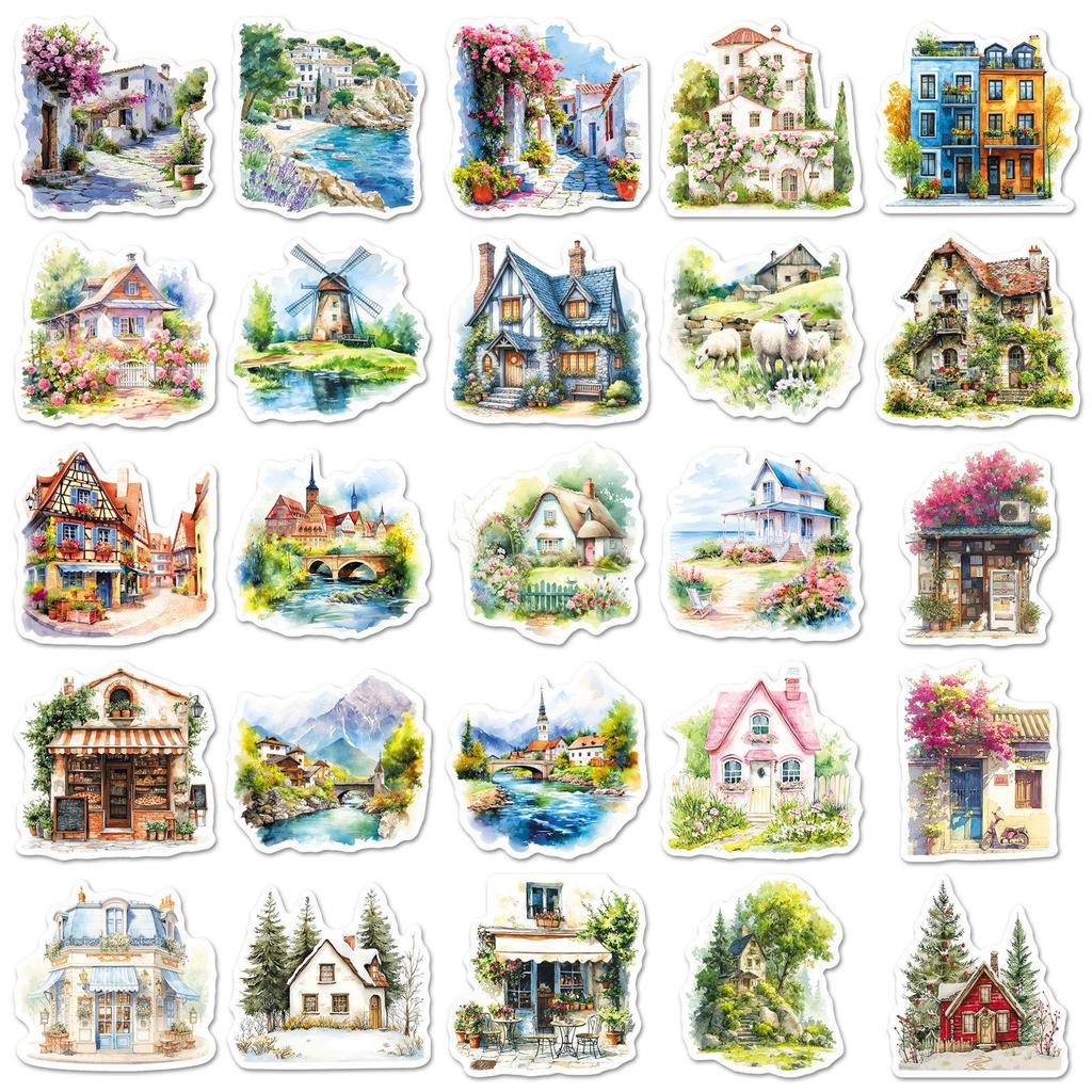 50 Stück Künstlerische Kleinstadt-Landschaftsaufkleber - INS-Stil Haus- & Gebäude-Designs, Wasserdichte DIY-Journalkarten