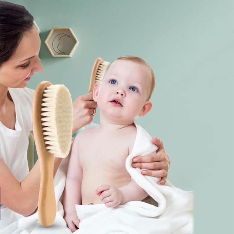 Baby Hair Brush and Hair Comb Set Soft Goat Bristles Cradle Caps Brush for Newborns & Toddlers Wood Baby Hair Brush