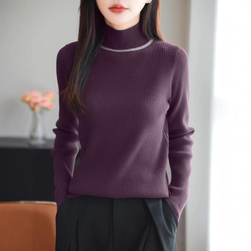 2026 Rhinestone High Neck Slim Fit Women's Knitwear Sweater - Chic Autumn Winter Base Layer