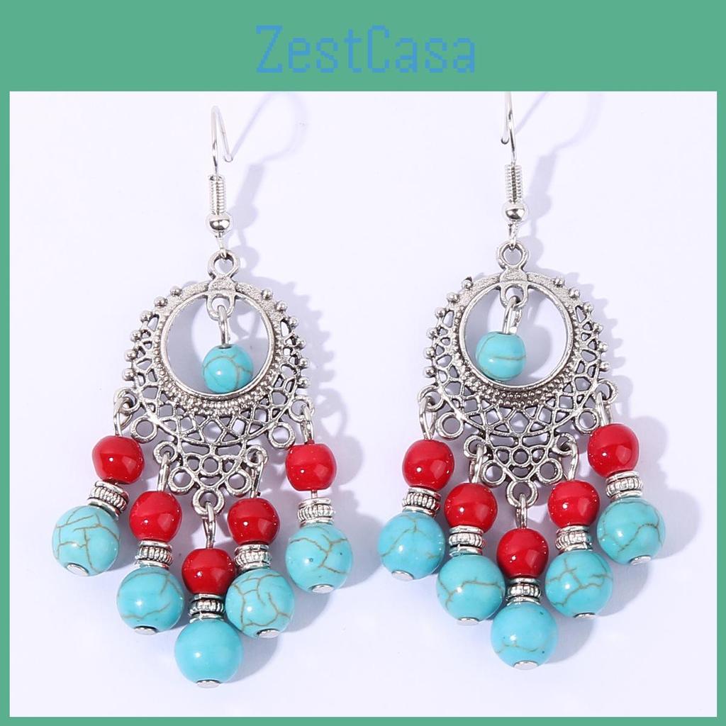 Turquoise Ethnic Simulation Beaded Earrings With Silver Filigree For Wear Daily