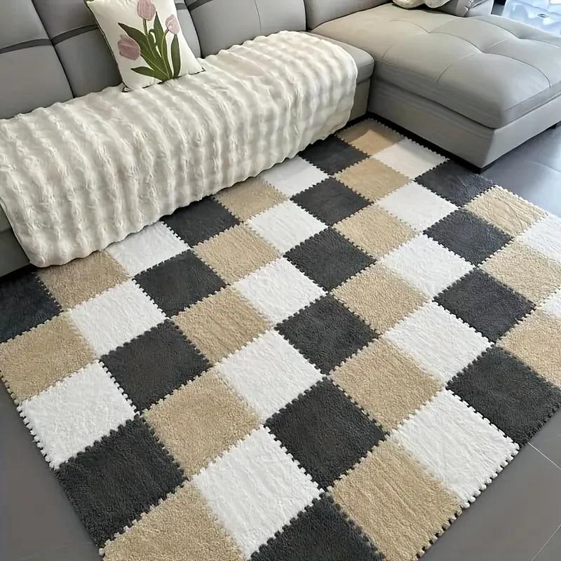 15Pcs Interlocking Fluffy Tiles with Border Square Rug Plush Puzzle Foam Floor Mat for Kids Thick Bedroom Floor Decoration