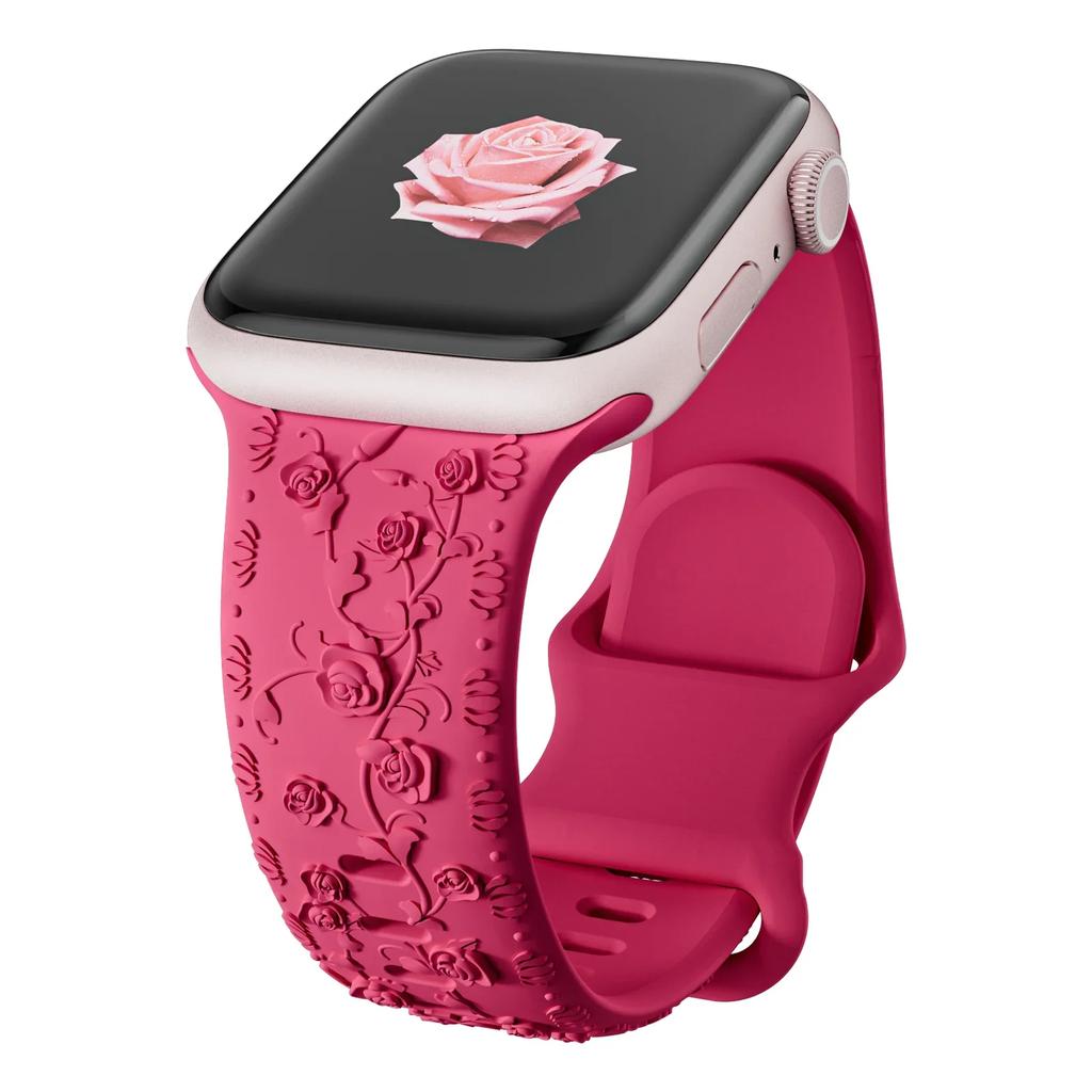 Floral Engraved Strap For Apple Watch Band 40mm 44mm 41mm 49mm 45mm 38mm 42mm Silicone Bracelet Iwatch Series 9 7 Se 6 8 Ultra 2