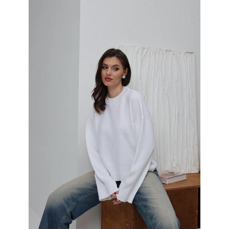 Wind Knitted Sweater Winter New Sweet Round Neck Pullover Loose Solid Color Long Sleeve Versatile Knitted Sweater Women