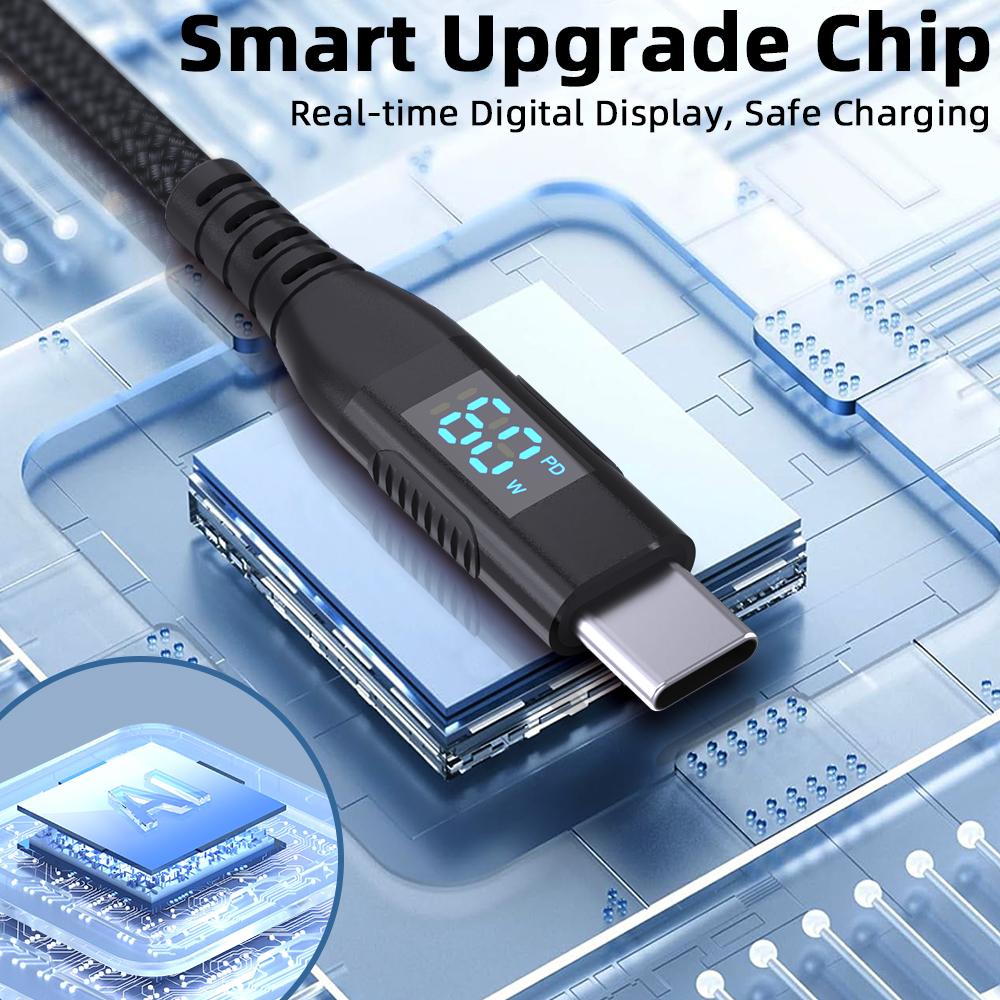 1m USB-C to USB-C Cable Digital Display 3A/20V 60W Fast Charging Braided Data Cord for Smartphones Tablets