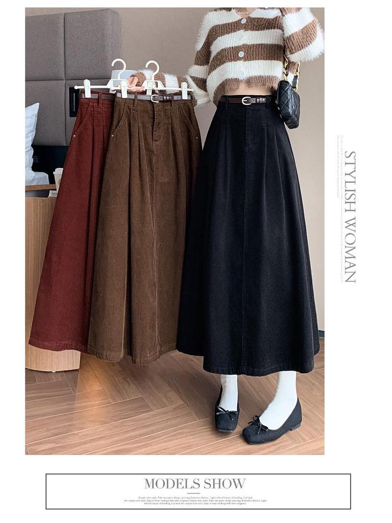 Women's High Waist Corduroy Midi Skirt - 2025 Autumn Winter Korean Style, Large Flare Pleated Design