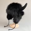 Bison Hat Plush Earflap Hat with Horns Fluffy Ear Headwear for Party Cosplay Props Furry Plush Snow Trapper Hat Winter Warm