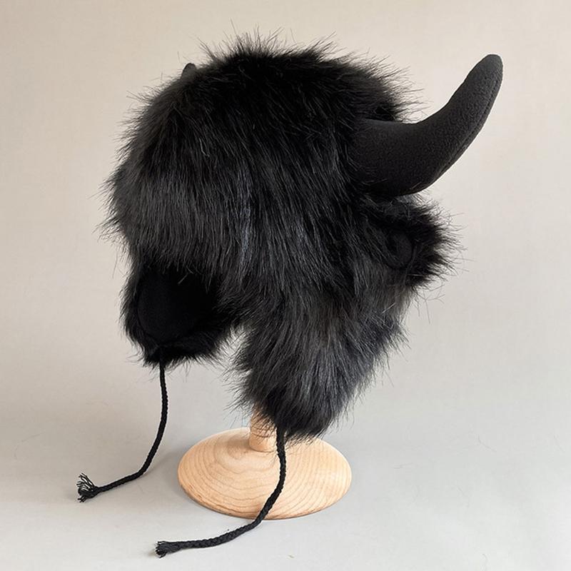 Bison Hat Plush Earflap Hat with Horns Fluffy Ear Headwear for Party Cosplay Props Furry Plush Snow Trapper Hat Winter Warm