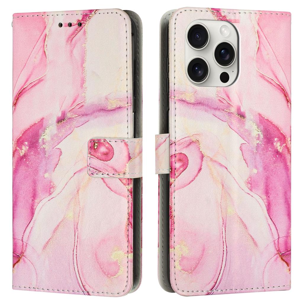 For iPhone 16 Pro Stand Case Marble Pattern PU Leather Wallet Phone Cover with Wrist Strap