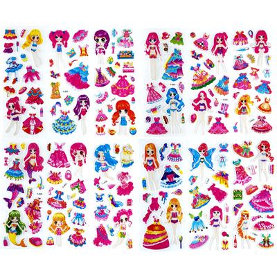 12 Sheets/Set Dress Up Girl Stickers 3D Cartoon Princess Bubble Scrapbooking for Girls Notebook Bedroom Decoration