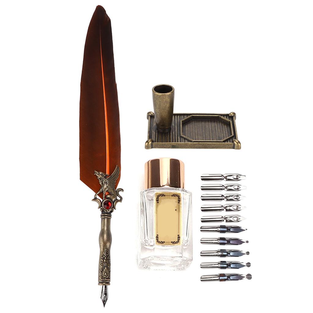 Feather Pen Set Vintage Creativity Ink Carving Writing Suit for Lover Teacher Classmate GiftBrown