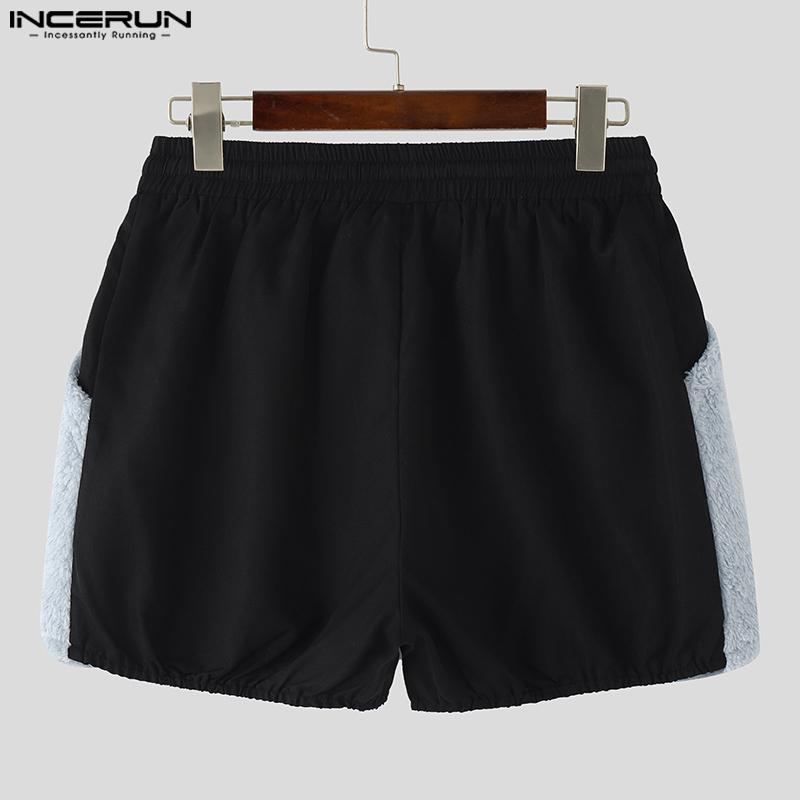 INCERUN Men Drawstring Elastic Waist Furry Patchwork Home Wear Mini Shorts