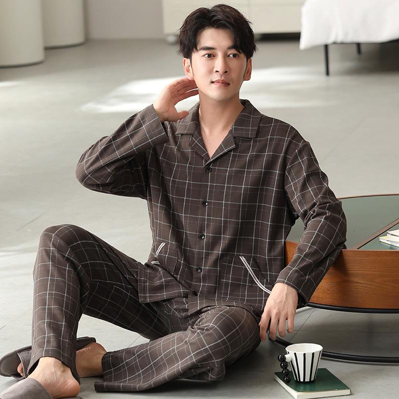 Ren Bomull Pyjamas Herr Vår Och Höst Bomull Långärmad Medium Pappa Stor Storlek Kan Bära Loungewear Utomhus