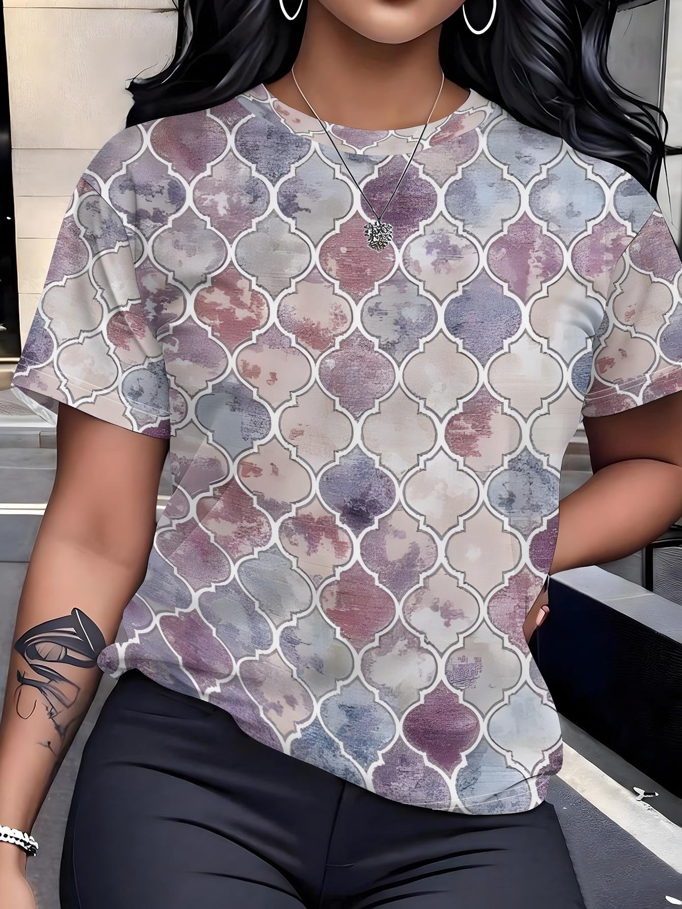 

[Printed Design- No Texture] Soft Pink Gray Moroccan Pattern T-Shirt Gentle Vintage Style Short Sleeve Top 3XL дубильна кора