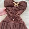 Retro tube top butterfly off-the-shoulder dress for women's new high-waisted waist-closed and thin A-word mesh dress temperament wear