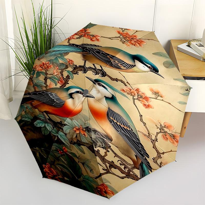 1pc Birds FlowersOpen/Close Umbrella-Windproof, Compact Travel Umbrella, Sturdy 8-Rib Shaft, Outdoor Accessory, 1085
