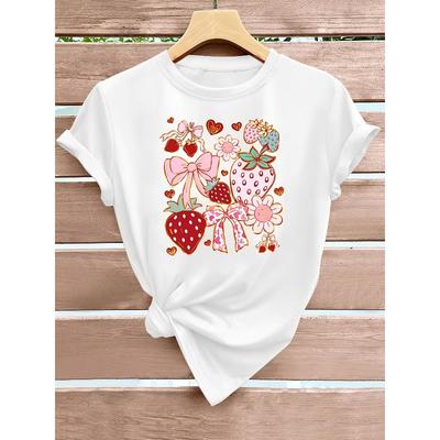Tricou de Ziua Îndrăgostiților cu Imprimeu Căpșuni, Mărime Europeană, Design Floral cu Inimă și Fundă Roz, Top Casual cu Gât Rotund și Mânecă Scurtă pentru Femei
