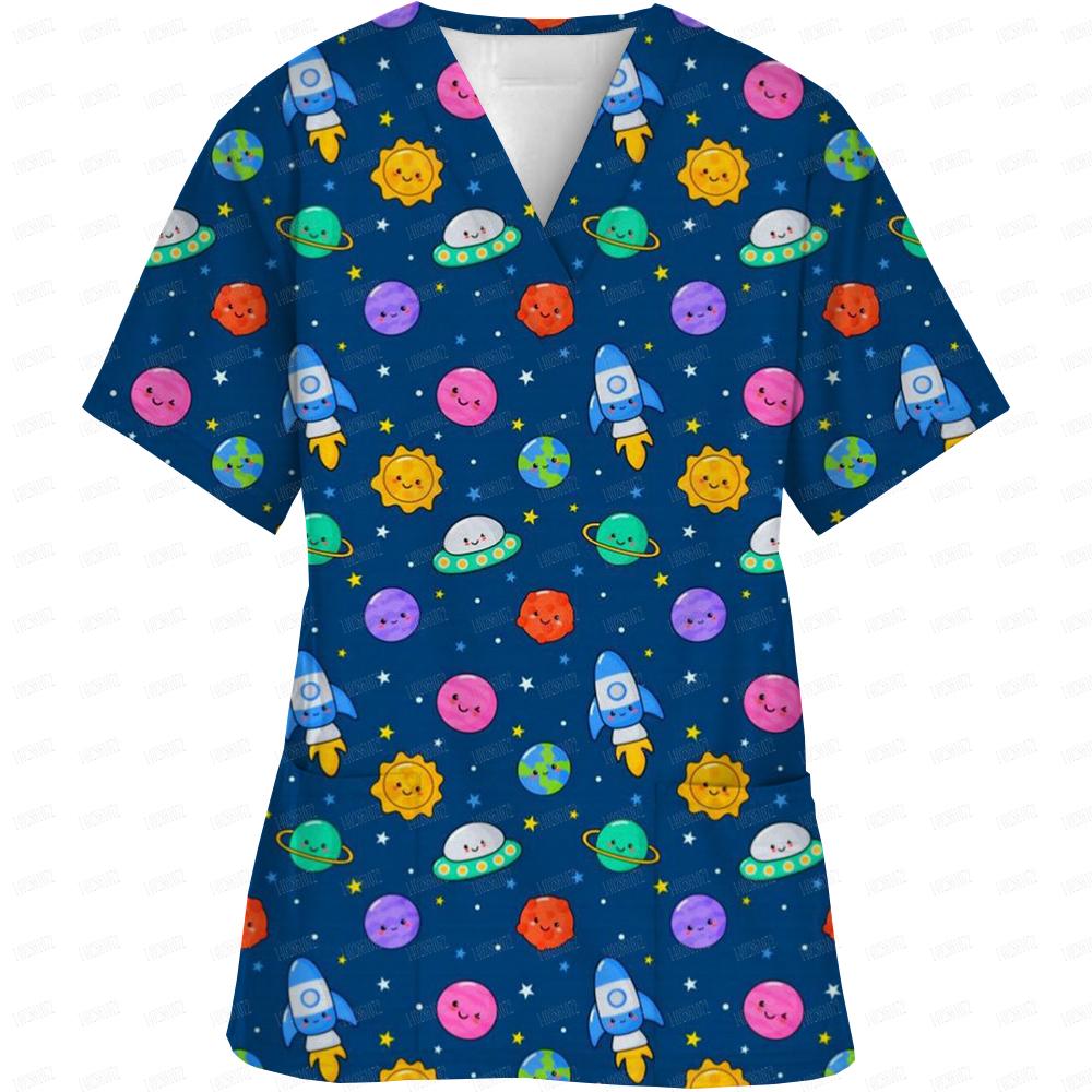 Women Easter Day Nurse Uniform Cartoon Print Short Sleeve V Neck Working Elastic Workwear Medical Scrubs Overalls Carer Uniforms