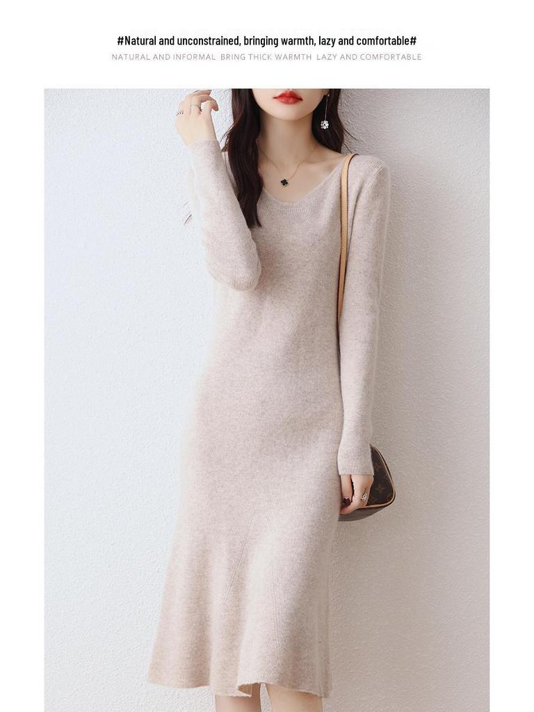 V-Neck Wool-Cashmere Sweater Dress for Women - Slim Fit, Mid-Length, Over-the-Knee, Autumn/Winter Style