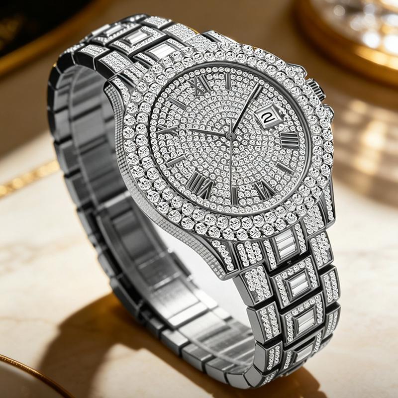 Men Luxury Full Diamond Quartz Watch Roman Numeral Date Display Iced Out Hip Hop Wrist Watch Waterproof