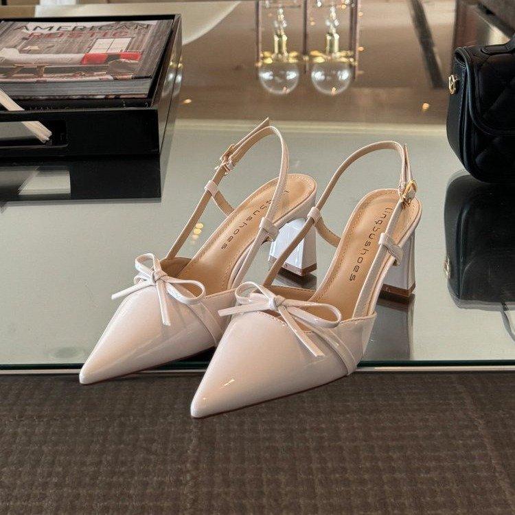 

Soft leather version~ French pointed high heels female 2025 new fairy style bow back empty thin heel bag head sandals 35