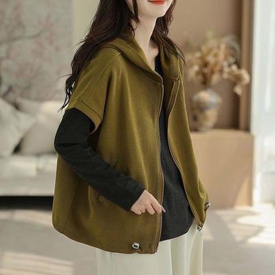 Coat for Women Cotton Autumn Casual Oversize Hooded Short-sleeve Jacket
