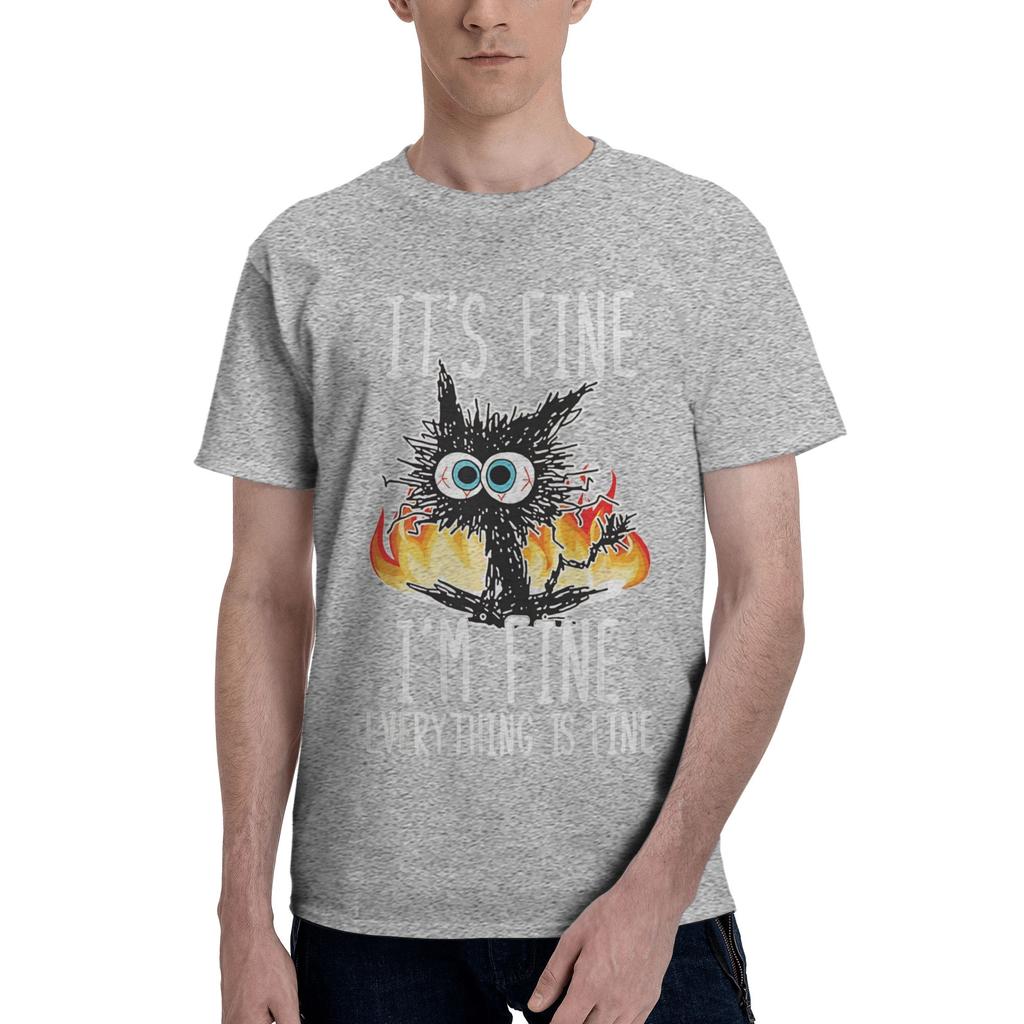 Angry catunisex T Shirts I’m Fine Cat Awesome Tee Shirt Short Sleeve Round Collar Cotton Birthday Present Clothing T-Shirt