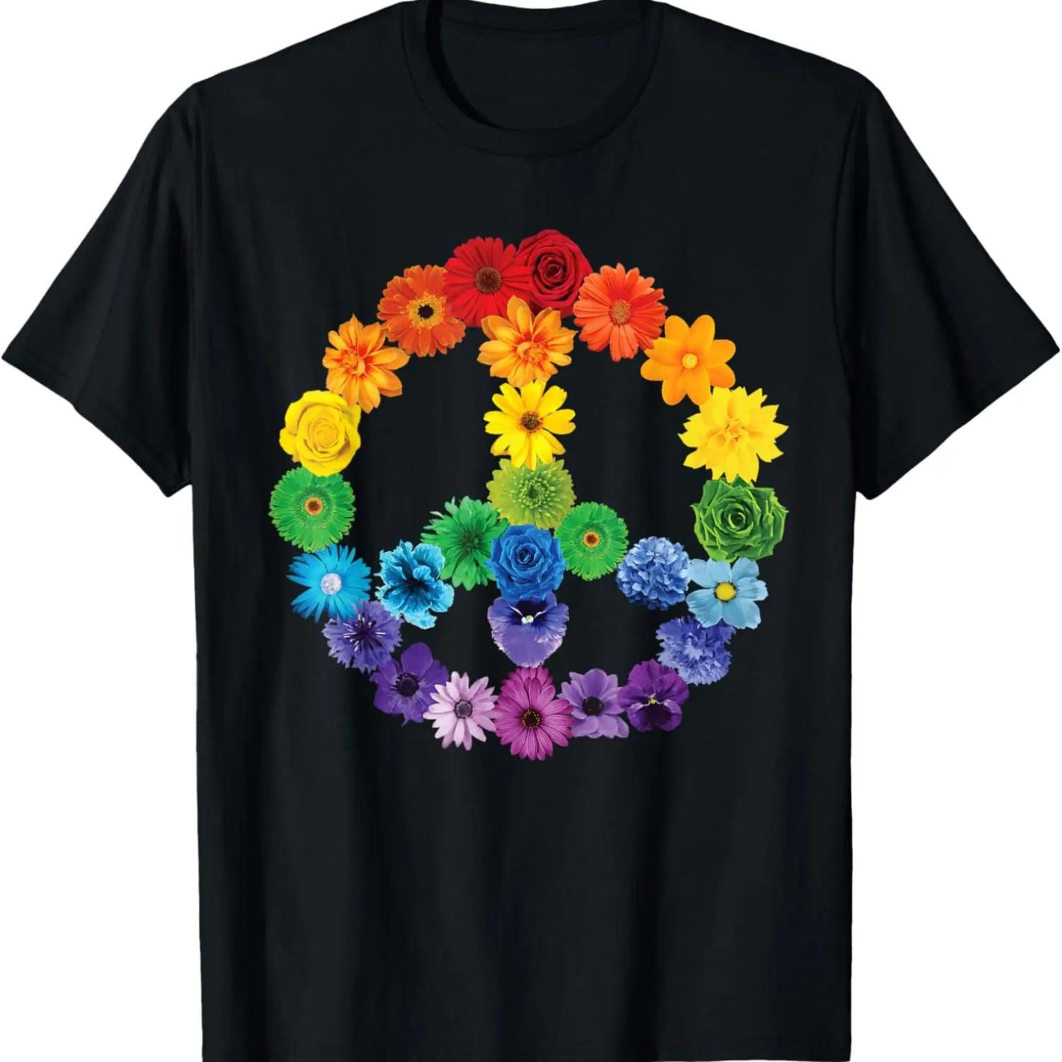 Spring Flowers Peace Sign Daisies Roses Rainbow T-Shirt S чёрный