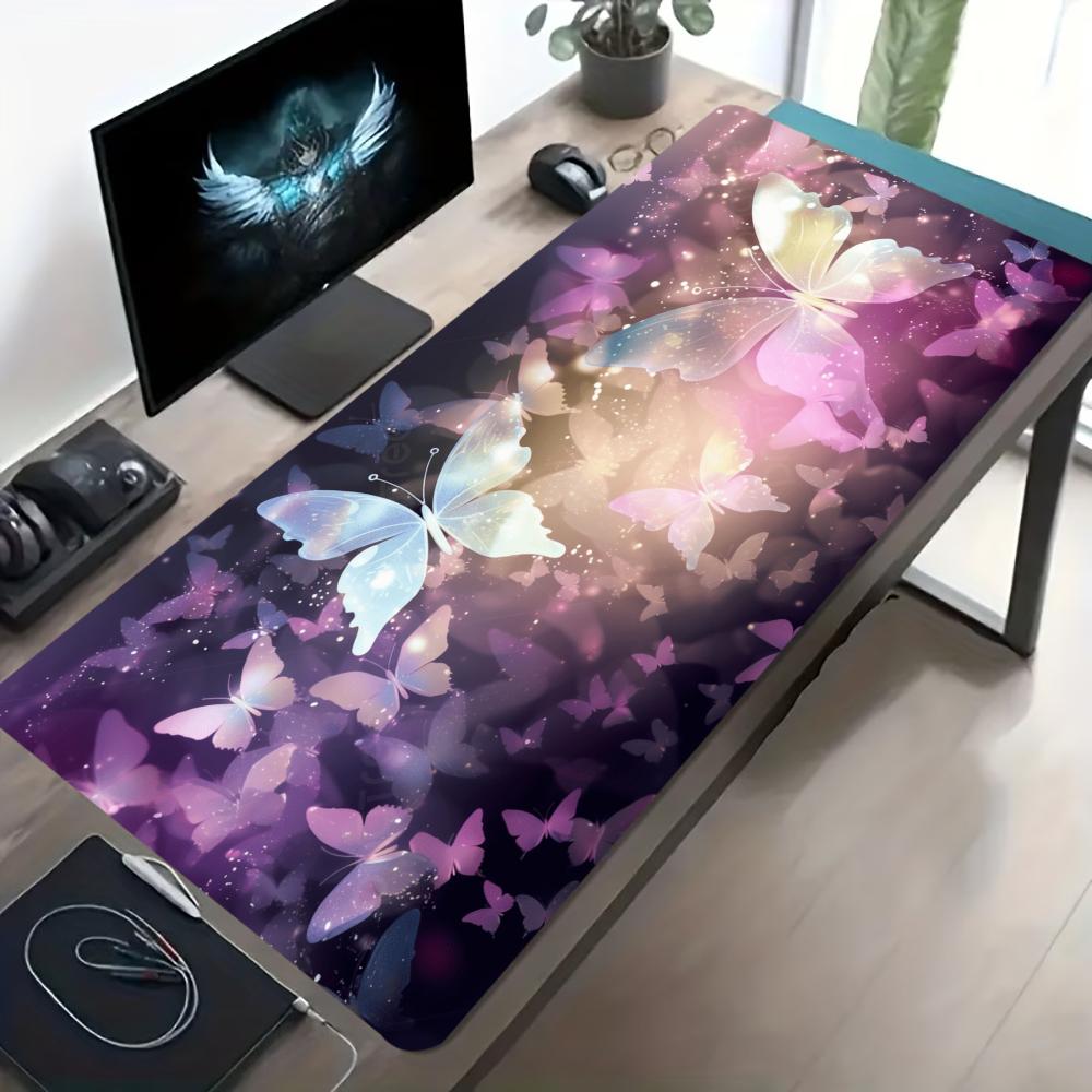 Pink Butterfly Starry Aesthetic Large Gaming Desk Mat Non Slip Rubber Stitched Edge Keyboard Mouse Pad ESport Office Daily Use